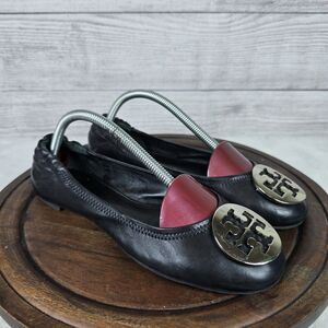 Tory Burch Reva Ballet Flat Shoes Silve Logo 7.5 Womens Leather Round Toe *FLAW*